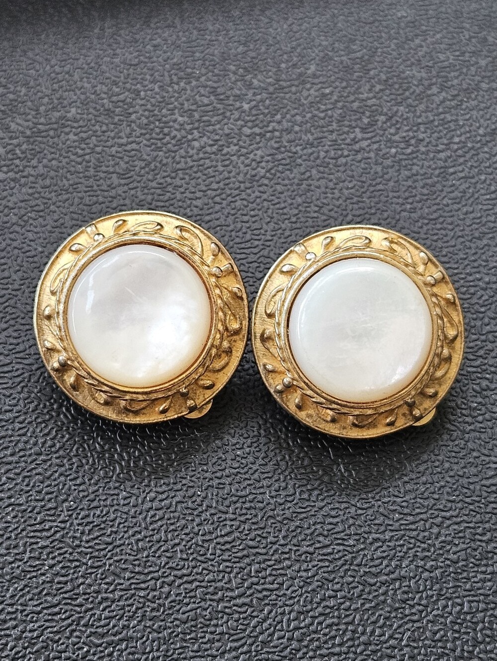 Designer Jaded Mother of Pearl Round Gold Plated Clip-On Earrings